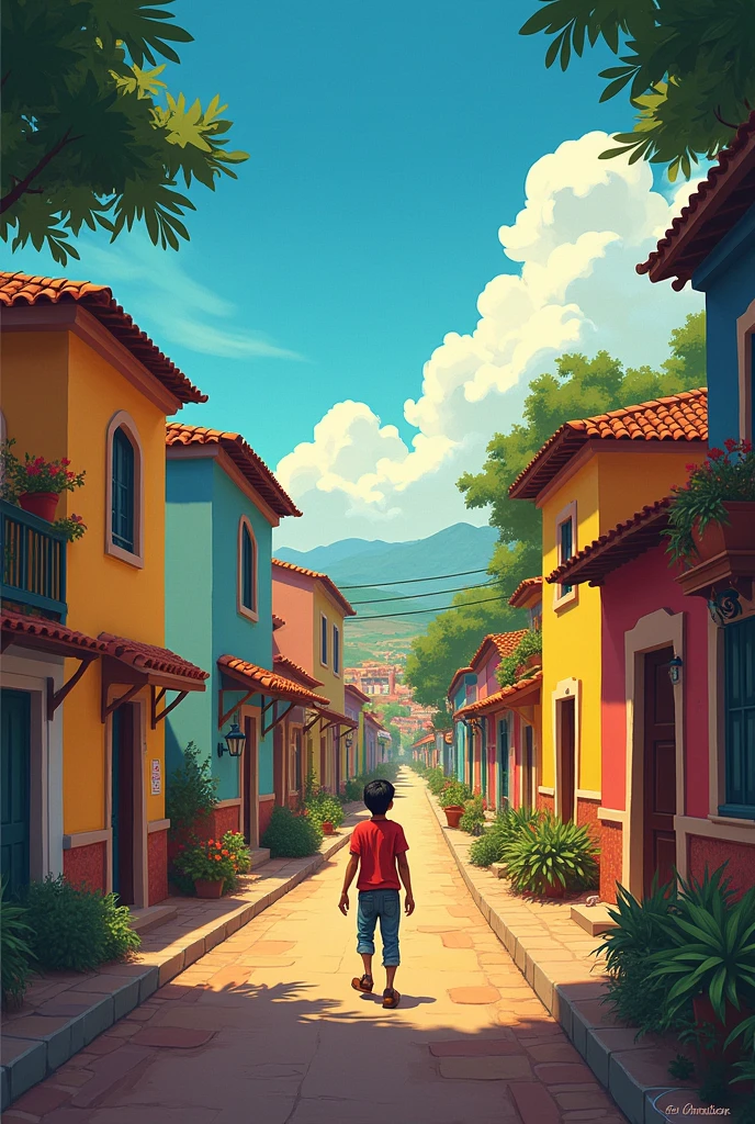 Create a cover for this story: 

The Light in the Village In the small village of Esperanza, Life used to be quiet. Everyone knew everyone and the houses were brightly colored.. People always greeted each other with a smile..

but one day, something started to change. People started fighting more and getting angry.. Smiles turned to frowns, and friendly conversations turned into arguments.

Mateo, a ten year old boy, He noticed that it was also happening at his house.. Your dad, Thomas, who had always been very nice, He started to get very angry. Fights at home were frequent., and Mateo felt very sad.

One day, Mateo saw his father in the middle of a big fight with Don Pedro, a neighbor with whom he had always gotten along well. The fight was over a small piece of land., but it was getting ugly. Mateo felt very bad seeing his dad so angry..

Determined to help, Mateo went to see Clara, a wise old woman who lived at the end of the village. Clara had a beautiful garden full of flowers. Mateo found her sitting in his garden.

—Grandma Clara —said Mateo—, something is wrong in the village. People are angry and don&#39;t talk to each other like they used to.. I saw my dad fight and I&#39;m very worried.

Clara looked at him kindly and said:

—What happens is that a shadow has covered our town. Violence comes from fear and frustration. But we can make it go away if we are kind..

—How can we do that?? —asked Matthew.

—The light of kindness begins with small acts. If you and others start being kind, to listen and forgive, the shadow will go away.

Mateo decided to start with that. He did simple things like apologizing to Luis, his friend with whom he had had a fight. Luis accepted the forgiveness and they became friends again.. He also helped Mrs. Rosa, an elderly neighbor, with your purchases. She thanked him with a warm smile..

The biggest challenge was talking to his dad.. Mateo explained to him how the shadow of violence was affecting the family and the town.. He asked her