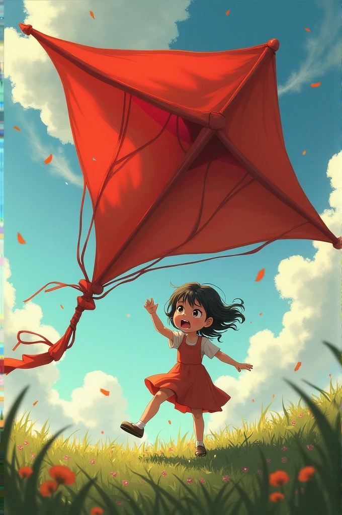 a big kite tearing into a little girl's elbow and the girl is falling in ground.