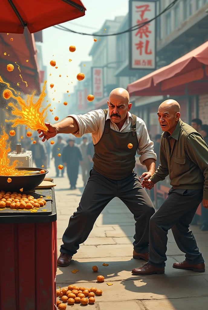 The takoyaki vendor threw hot oil at the bald man.