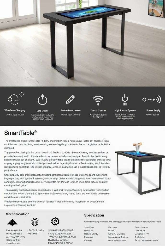 GENERATE A LABEL FOR A SMART TABLE WITH THESE SPECIFICATIONS:
The label for SmartTable® smart tables imported from China to Ecuador must be complete and comply with local and international regulations to ensure correct identification and safety of the product..
The name of the product must be included at the top of the label., SmartTable®, followed by a brief description: "Multifunctional Smart Table with Advanced Technology". Next, The main features are detailed, such as wireless charging, built-in Bluetooth speakers, touch controls, and an LED touch screen that makes handling the product easier.
It is essential to provide clear instructions for use: for wireless charging, The compatible device must be placed on the charging surface; for Bluetooth speakers, Connect the device via Bluetooth; utilizar los touch controls para ajustar configuraciones; and navigate through options from the touch screen.
As for the technical specifications, Information on the exact dimensions of the product must be included, The materials used such as high quality wood or tempered glass, the power supply, and relevant certifications such as CE and RoHS.
The label must warn about important precautions, How not to expose the table to water, its exclusive use indoors, and the need to consult with the authorized technical service for repairs and maintenance.
It should also include manufacturer information with name, address in China, and contact, as well as data from the importer in Ecuador, including name, dirección and contact.
For regulatory compliance, It is important to include mentions of international and local regulations. besides, The label must contain the product code and batch number for traceability., and the manufacturing and expiration dates if relevant.
Include a scannable barcode