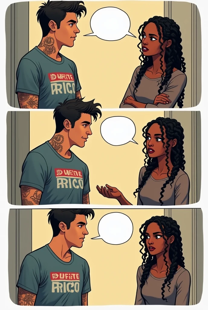 3 comics scenes first one really white young man with tattos puerto rico shirt behind a beatiful braided black women with long sleeve shirt asking a question laughing and a blank bubble chat for him second send she answering the question with mad face third scene he embarrassing y she walk away laughing all chatin bubble in blank