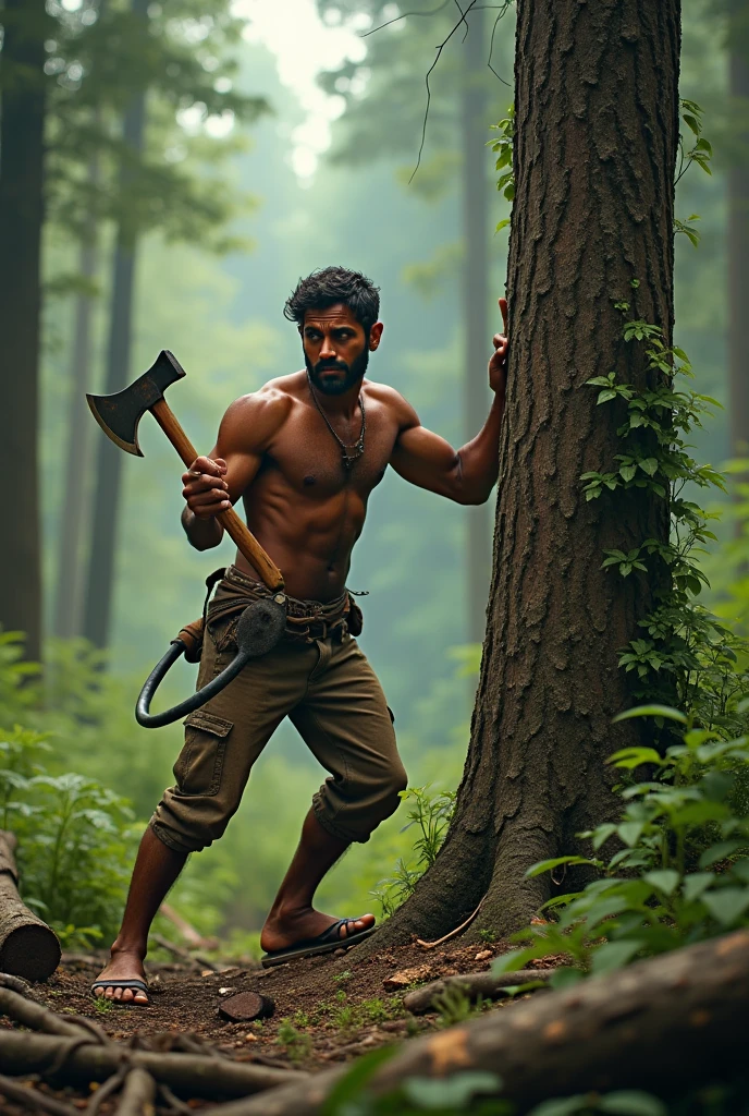 An Indian young man aged about 30 is cutting trees one by one 