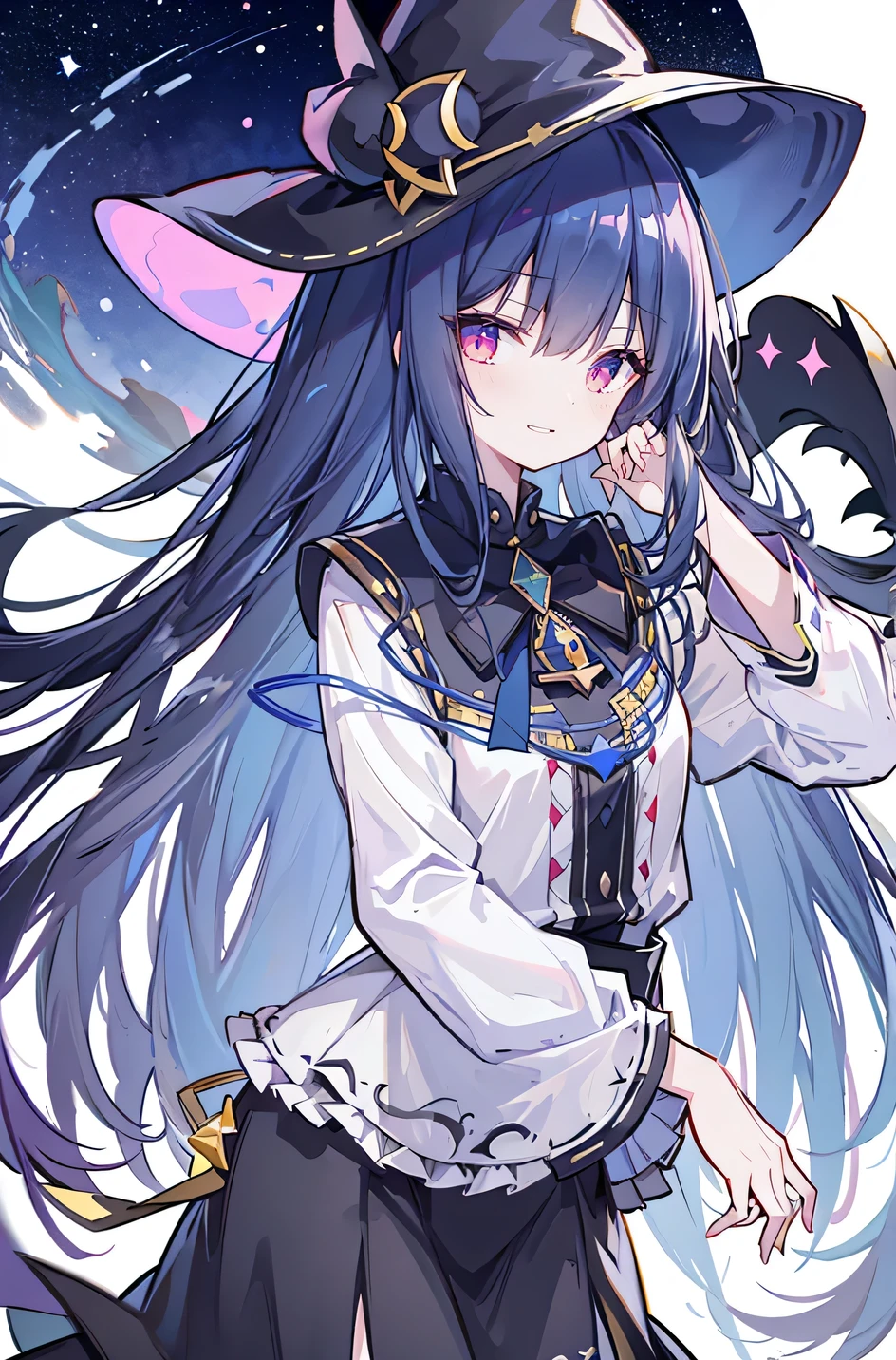 oung Girls,Humanity,A magician always smiles,big witch hat,cute,dark blue long hair,The eyes are dull,The bangs are heavy,Thin eyebrows,fantasy,intake,Double teeth,Star Theme,Constellation pattern,Solid color clothetal decoration,cloak,A bit of a dark atmosphere,A little crazy smile,When the big moon shines outside at night,blood,Hair black star embellishment,Short tie,No nails,High waist skirt,Bell sleeves,Long-sleeved shirt,Black tie,low risk,gentlemen。Mist、Yellow and white effect,Shocking pink as an accent color