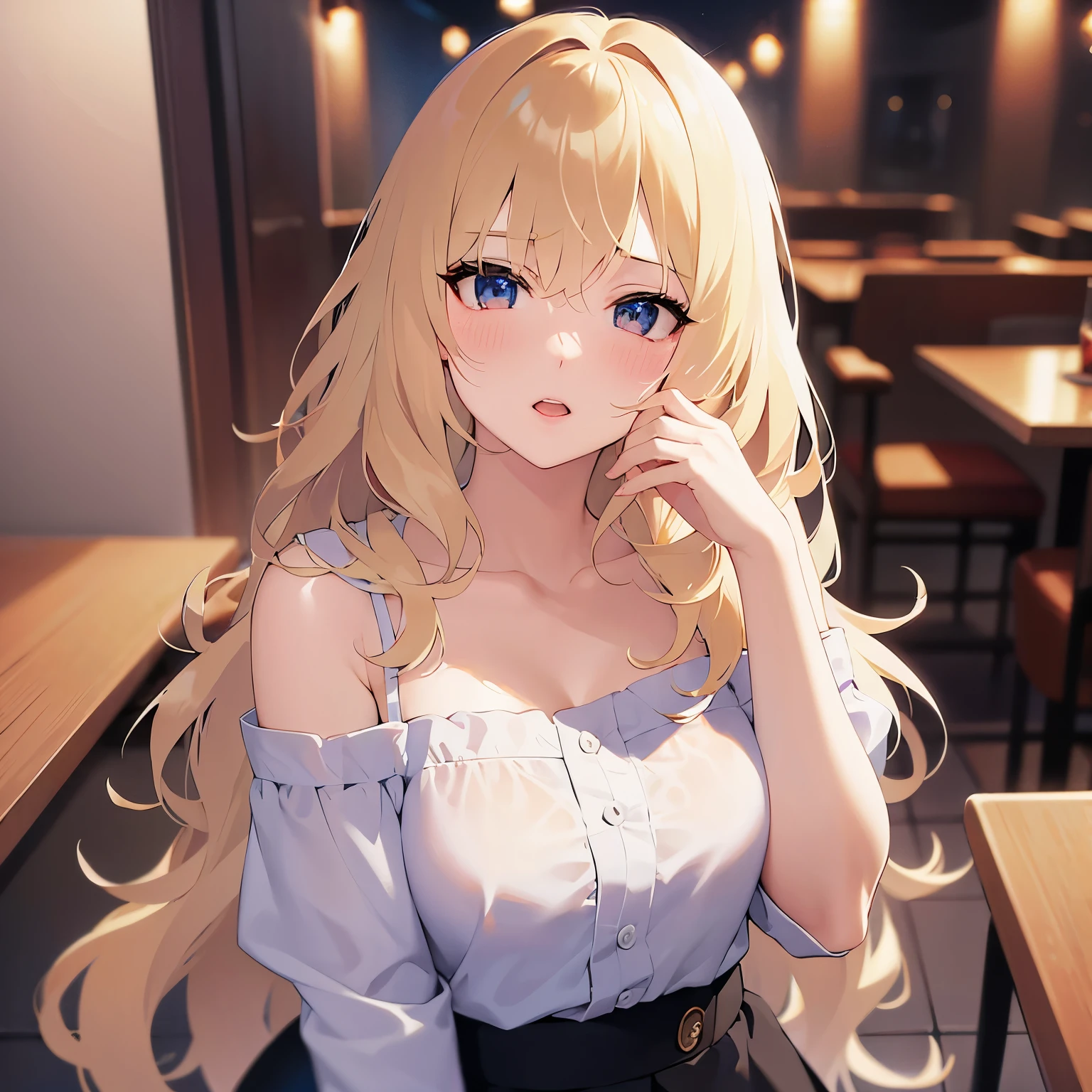 Shooting from above、hand on own face、looking up, Upper Body, Realistic, real person, (pale skin: 1.2), RAW photo, photorealistic, shiny skin, shiny hair、(A 25-year-old woman with medium-length hair and bangs) and (wavy hair) and (Blonde Hair) and (green eyes) , (white) and (off shoulder blouse) 、open mouth, (blush:1.5), The background is the interior of a restaurant at night.、Alone、Are standing
