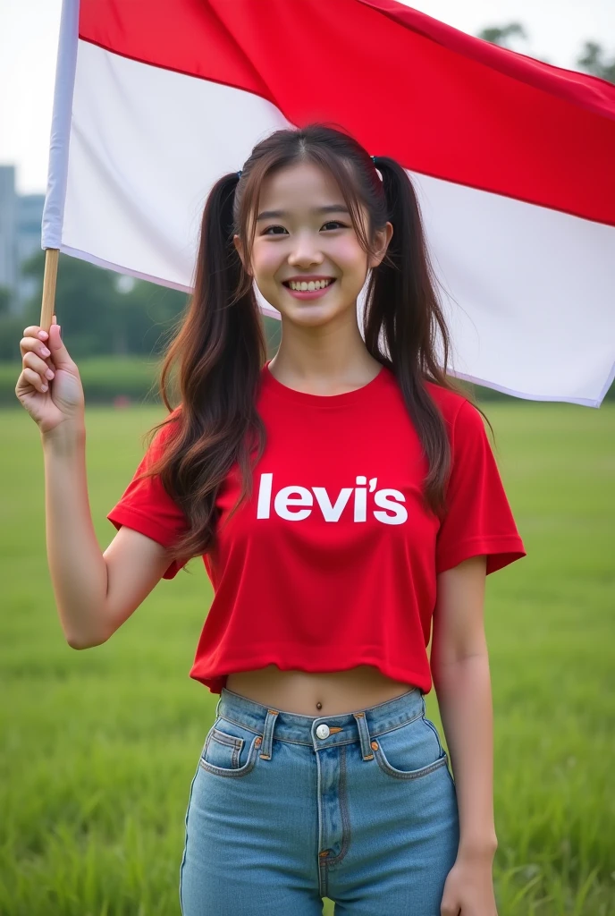 1 20 year old Korean girl with beautiful white skin, well-groomed face, standing in the outdoor solo field, red and white short t-shirt with the Indonesian logo, holding a red and white flag, realistic levis pants, brown hair, smiling, brown eyes, Black Hair, Long, Twintails, Looking Audience,city background