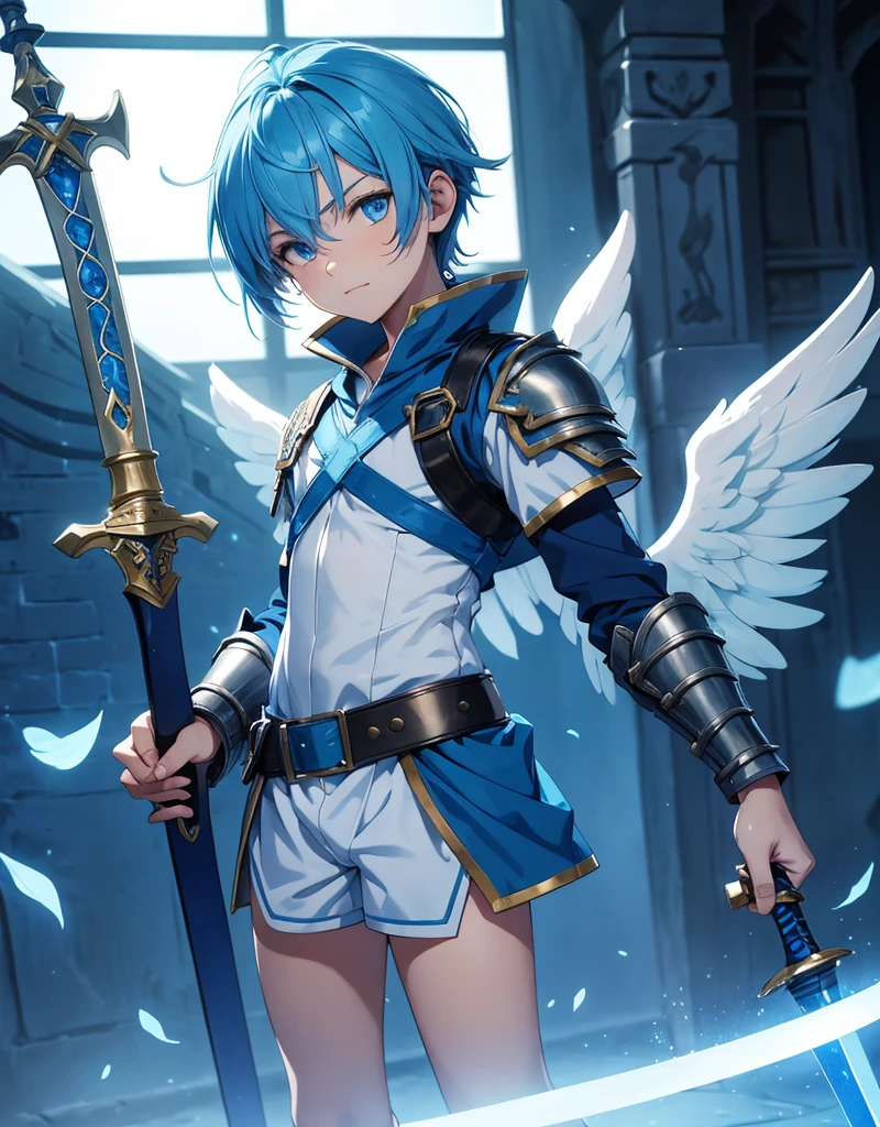 Young angel boy with blue hair, blue eyes and fair skin innocent and happy, wearing neon blue tunic, blue shorts, gauntlets and sandals, weilding sword and shield, blue armor, fullbody, medieval background, boyish athletic, angel wings