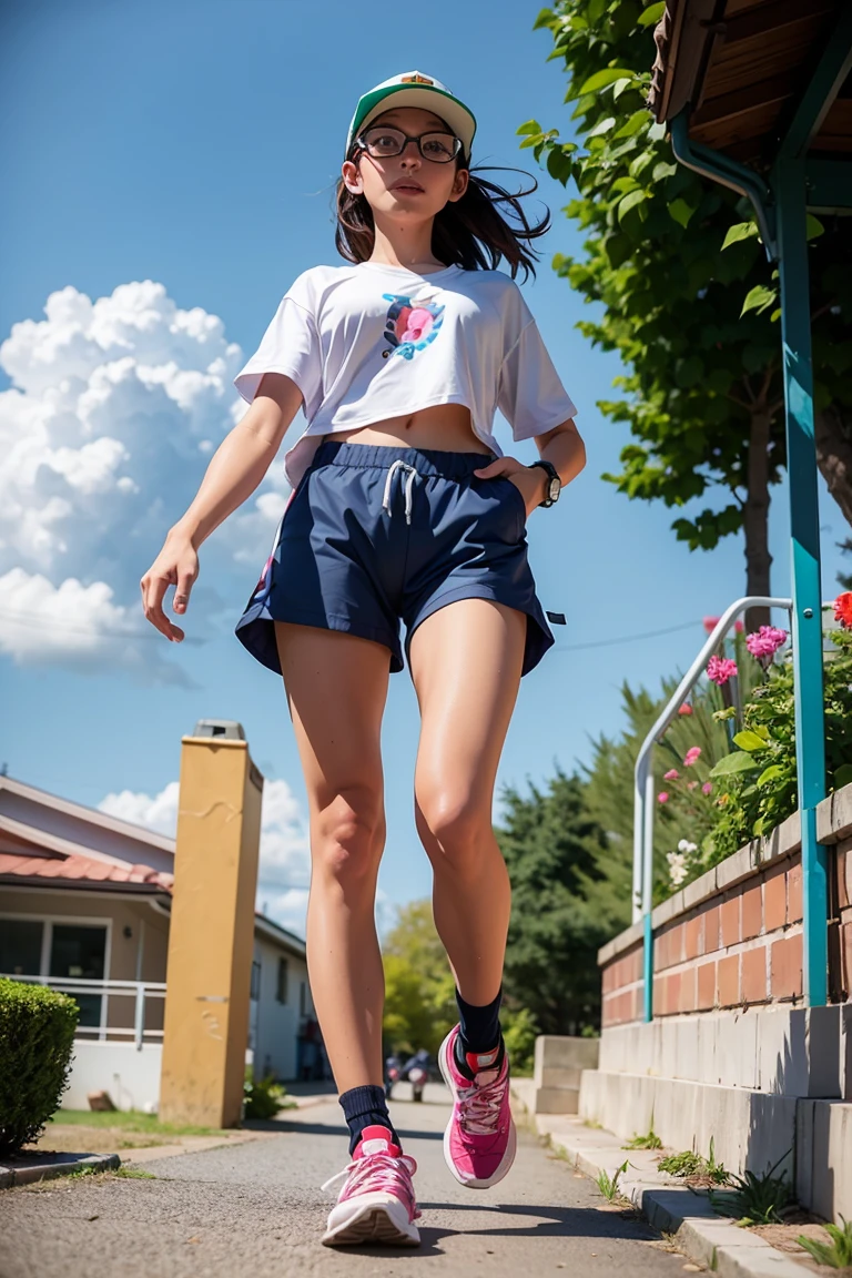 girl, summer, sweaty, baggy running shorts, nerdy, from below, full body view
