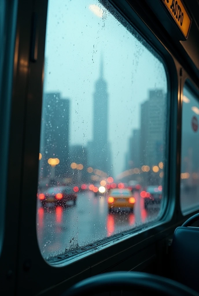 Realistic image of a fogged up bus window with raindrops, showing a city in the background