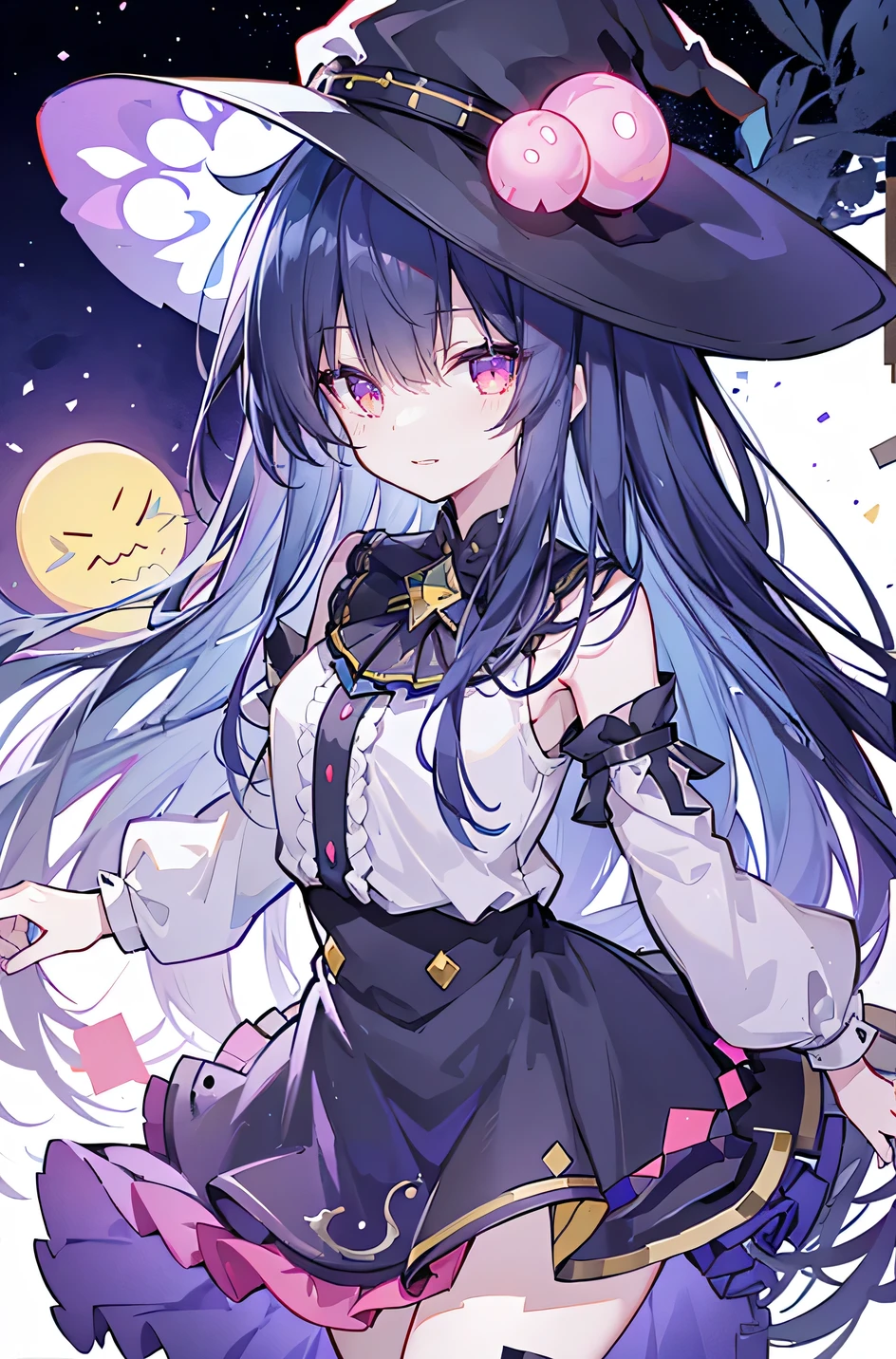 oung Girls,Humanity,A magician always smiles,big witch hat,cute,dark blue long hair,The eyes are dull,The bangs are heavy,Thin eyebrows,fantasy,intake,Double teeth,Star Theme,Constellation pattern,Solid color clothetal decoration,cloak,A bit of a dark atmosphere,A little crazy smile,When the big moon shines outside at night,blood,Hair black star embellishment,Short tie,No nails,High waist skirt,Bell sleeves,Long-sleeved shirt,Black tie,low risk,gentlemen。Mist、Yellow and white effect,Shocking pink as an accent color