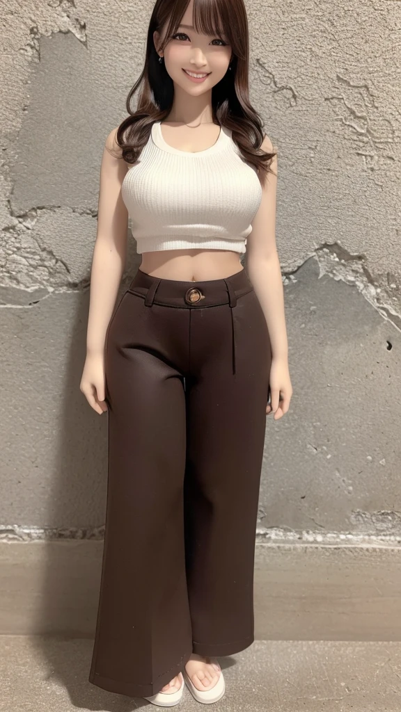 Tabletop, Highest quality, Realistic、(Realistic photos:1.4), (Smooth lighting:1.05), Very detailed, In detail, High resolution, 8k, 12k、Perfect dynamic composition, (楽しいsmile:1.4), Open your mouth, (Beautiful attention to detail), (Clear Eyes), (Beautiful woman with perfect figure: 1.5), Natural color lip, long wavy hair, Very detailed顔と肌の質感, 20 years old, Perfect and beautiful face, Looking up,Waistline、、Yua Mikami、Brown Hair、Tear Mole、Japanese women、Gal、Symmetrical face、 (smile: 1.1)、 (In front of a bare concrete wall: 1.3)、Hair fluttering from a cold、(Wide-leg trousers: 1.2)、(I can see my belly button: 1.2)、(American tank top: 1.2)、(Top Model: 1.3)、(To shake blood: 1.2)