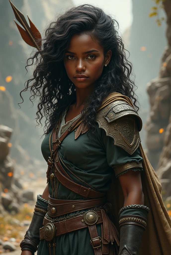 Make a fantasy style drawing of a young woman , very dark skin, very curly hair, brown eyes in war clothes holding an arrow 