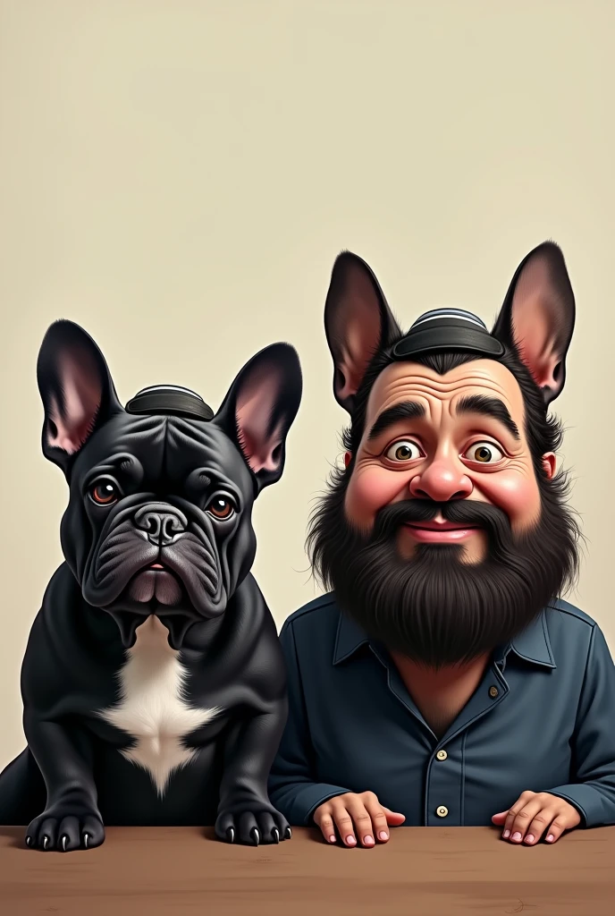 A black French Bulldog female with her short, fat, bearded owner wearing a kippah who looks like her.