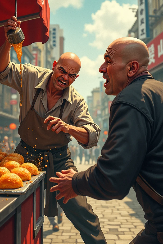 The takoyaki vendor threw hot oil at the bald man.