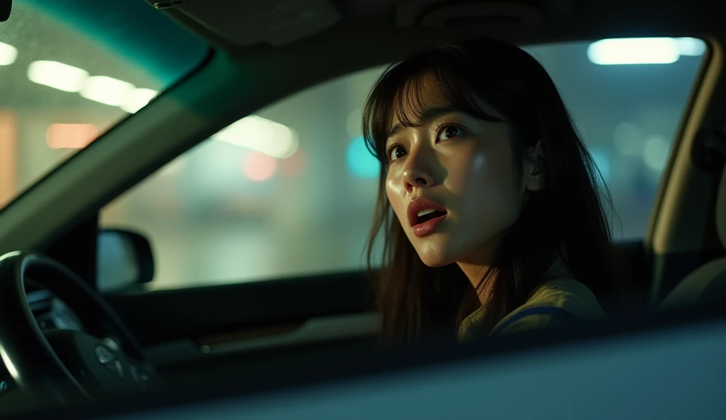 A bautiful Korean woman sitting in a car, crying and talking with some one, looking up in panic, apartment parking garage, realistic lighting, cinematic style, daylight, 