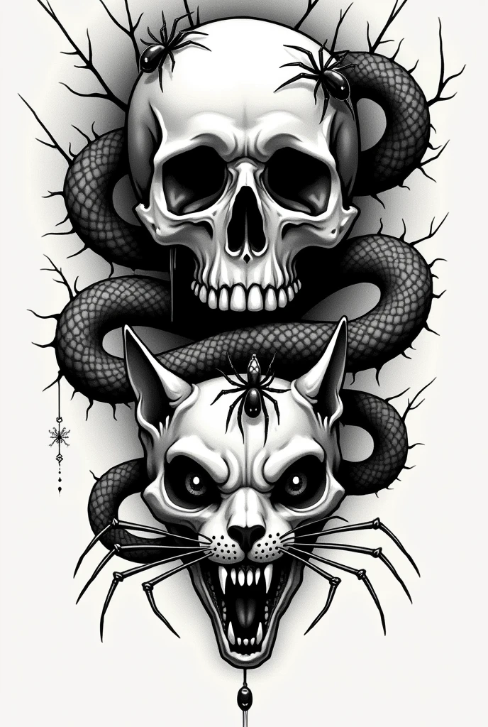 A skull with snakes coming out of it, and below the skull of a cat with spiders coming out of its eyes in tattoo style 