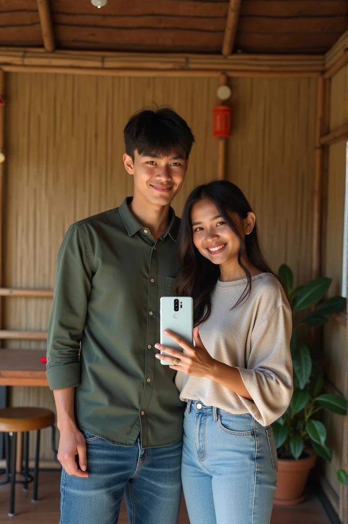 A mirror selfie by a Oneplus phone of a teenager couple in a bangadeshi weather room