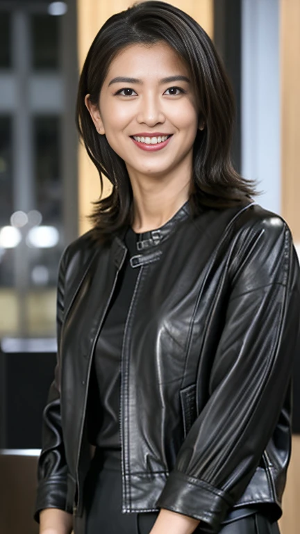 最high quality, 8k, Vibrant, Sharp focus, high quality, High resolution, Middle-aged women, Mature Woman, 55 years old, (Whole Body Ezbian), (High heels face detail, Highly detailed eyes, Plump figure、Plump face、((big 1.6))、(((Large Breasts)))、((Black leather clothing))、Busy Street、Random Hairstyles、A kind smile、(Leather Fashion、leather jacket、Leather skirt、boots、)、