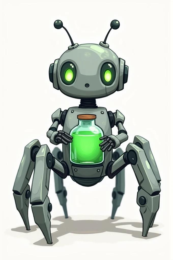 Make a cartoon-style gray robot, with six legs, three bright lights that serve as eyes and in the middle of his chest a bottle with a green liquid