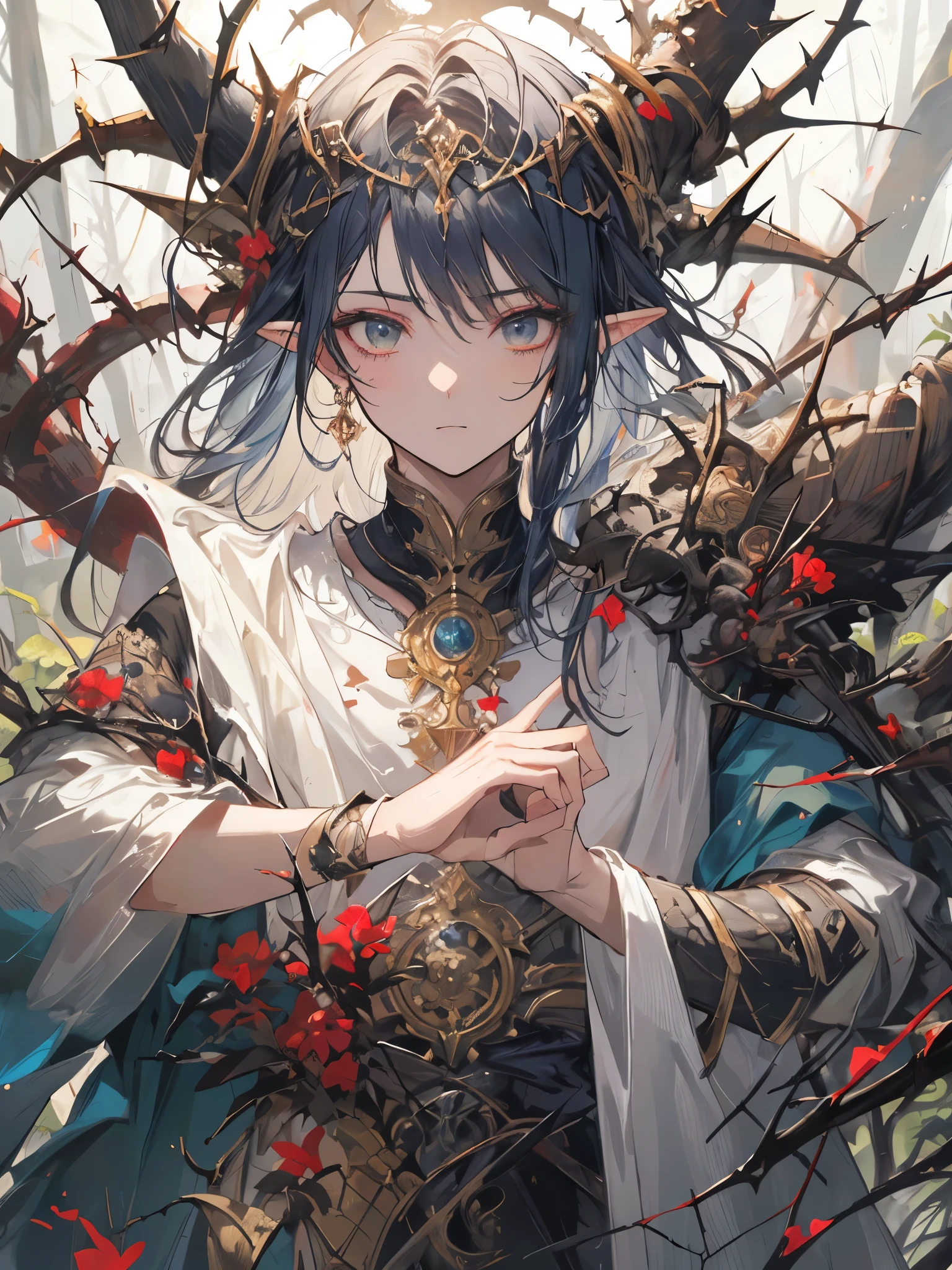 (masterpiece: 1.2), (very detailed: 1.2), (perfectly detailed), (very detailed and beautiful: 1.1), muscular male, dynamic pose, shaved temples, thick stubble, has thick stubble, body hair, action scene, detailed face, at full height, nature magic, forest elf, conjuring nature magic, thorns, thorns wrap around the body, the king of thorns, elven clothes