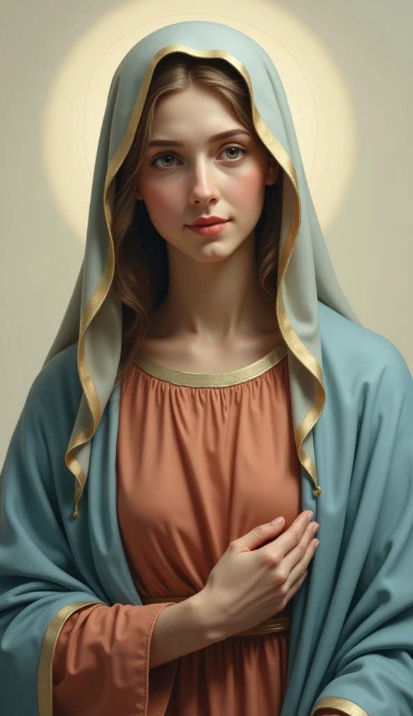 Beautiful Virgin Mary gazing gently with her eyes on the camera, She is wearing a reddish beige tunic with a light blue cloak and veil.