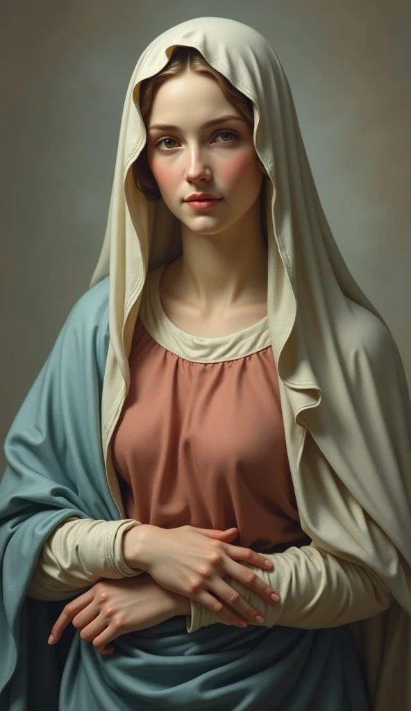Beautiful Virgin Mary gazing gently with her eyes on the camera, She is wearing a reddish beige tunic with a light blue cloak and veil.
