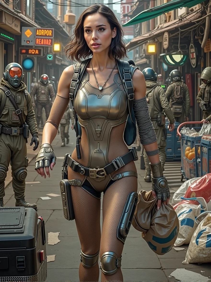 cinematic portrait of [Kaya Scodelario:Gal Gadot:0.75] donning a futuristic cyberpunk interstellar fashion dress walks at sub urban Futuristic Cyberpunk Starbase city colony sidewalk with handful of groceries in Mars, wears casual modest futuristic cyberpunk interstellar fashion dress outfit, Futuristic Cyberpunk Starbase Colony Building, Cyberpunk Starbase Alley, sensuous smirk, intricate, frugal, highly detailed, intricate, digital painting, artstation, concept art, smooth, sharp focus, hyper photorealistic illustration, art by Don Lawrence and Frank Bellamy and alphonse mucha, 32k,