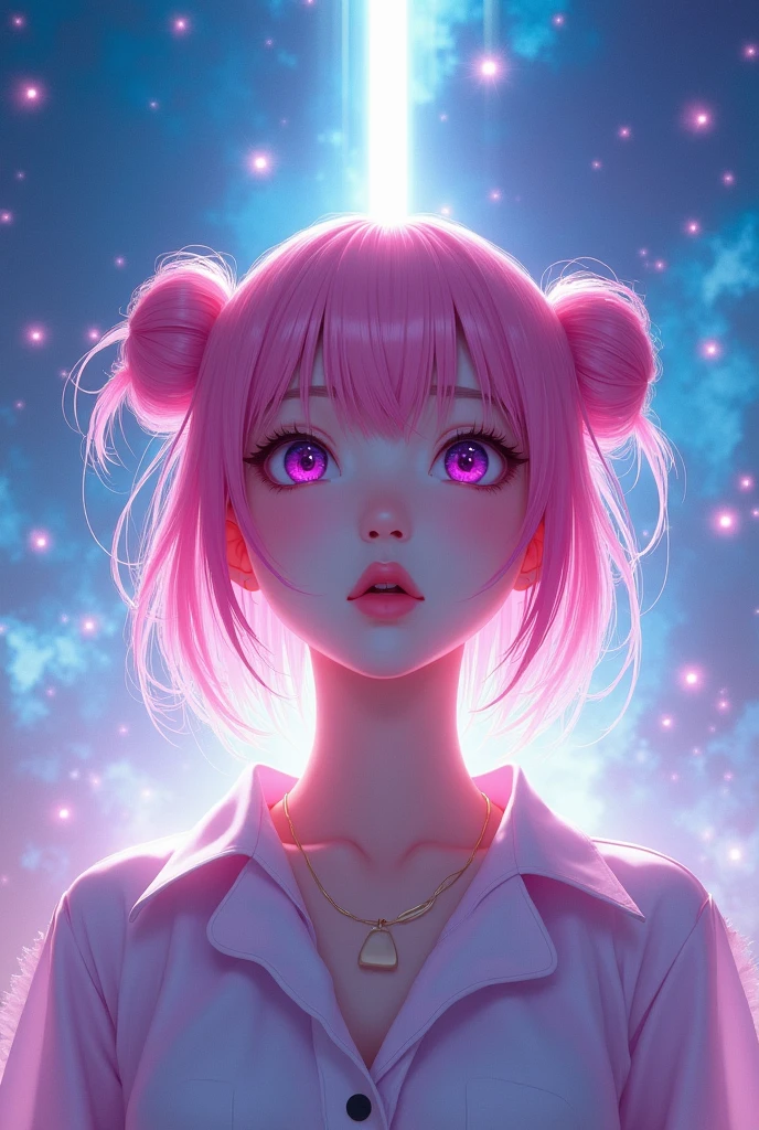 A layer of "Take Me Higher" the SAKURA HINA presents the Japanese singer with pink hair in space buns, centered against a background of blue and purple hues, symbolizing her rise above challenges. The resolute expression of HINA, accompanied by ascending lights and subtle sparks, captures the energy and power of overcoming obstacles, reflecting the theme of the song. PICTURE REALISTIC, pink rays coming out of the eyes
