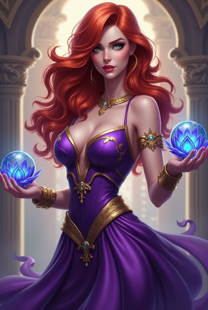 Guinevere, a princess who uses magic, is a soldier with wavy red hair, green eyes, A purple dress with some lotus flower details, And also a lotus flower bracelet on each wrist, Which also has a shiny crystal ball that contains the lotus flower inside, From the mobile game Mobile Legends, She is super vain and confident