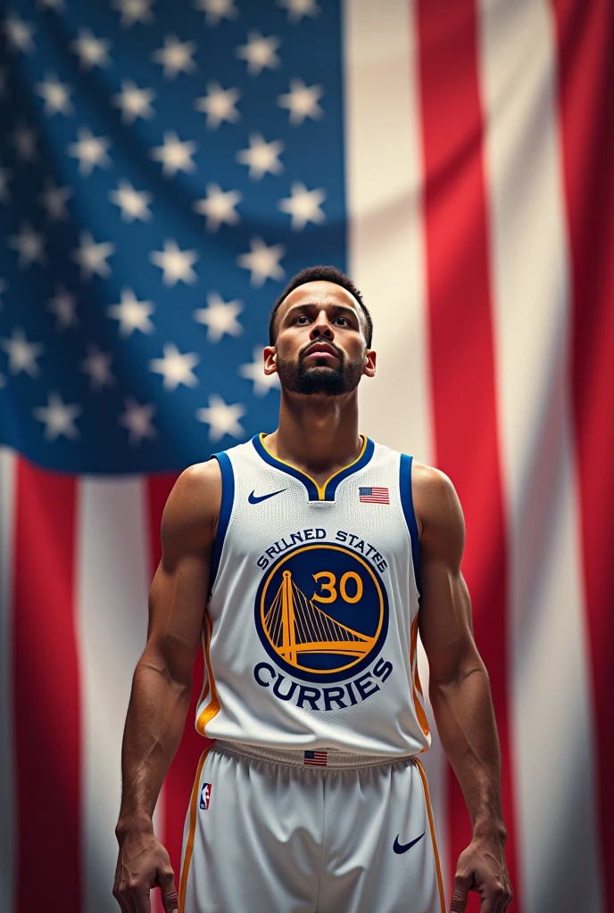 Image of Stephen Curry on a background with the American flag wearing the Olympic jersey.