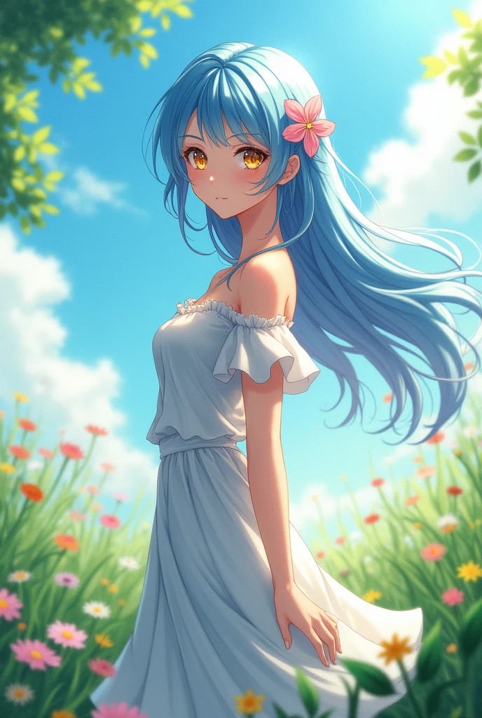 Beautiful anime girl with sky blue hair, gold eyes, posing in a meadow under the sun
