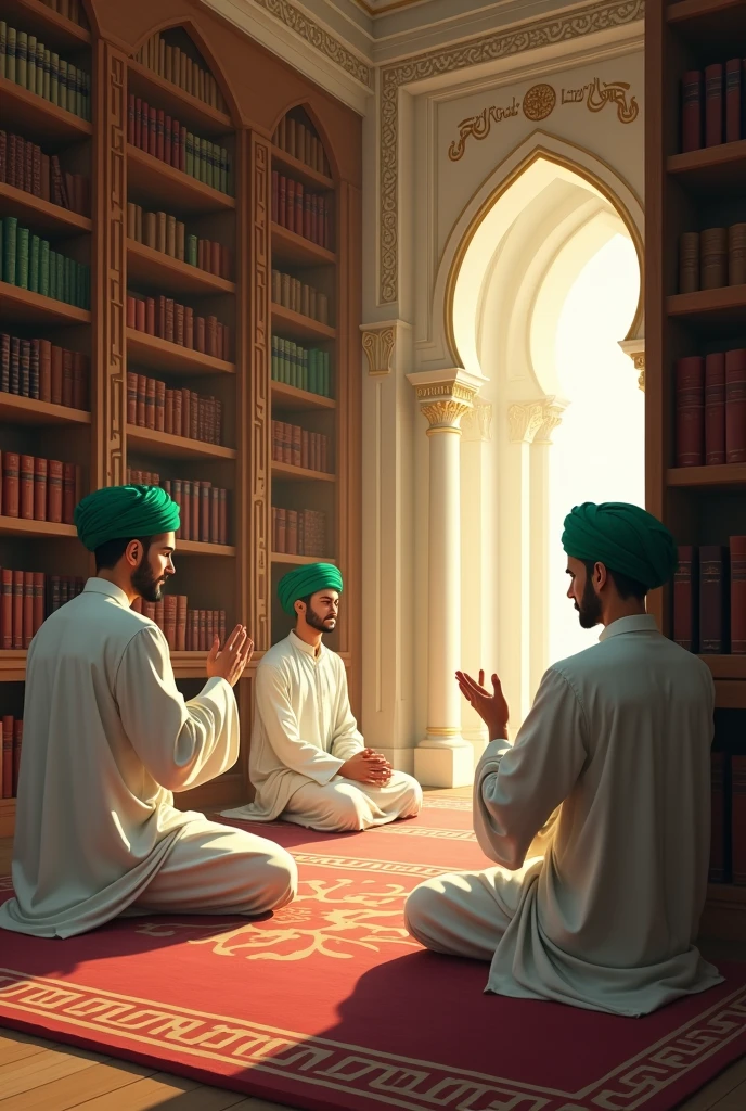 young Islamic scholars with green turban and white clothes doing dhikr in a library namely rizvi islamic library written on wall
