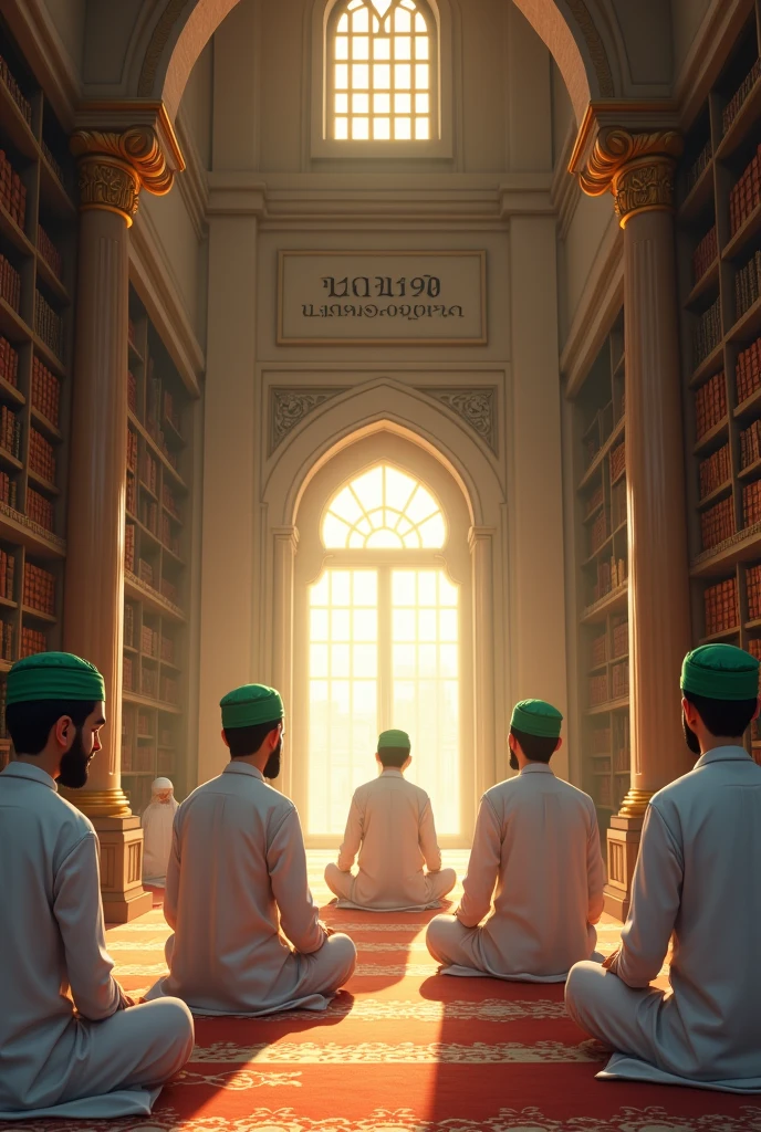 young Islamic scholars with green turban and white clothes doing dhikr  in a library namely rizvi islamic library written on wall