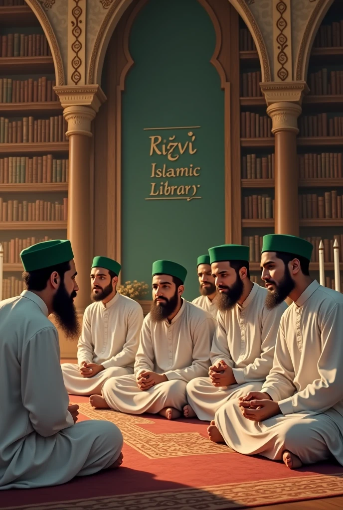 young Islamic scholars with green turban and white clothes doing dhikr in a library namely rizvi islamic library written on wall