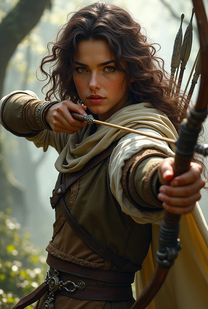 Draw a fantasy style elf of , olive skin color, very curly hair, brown eyes in war clothes holding an arrow
