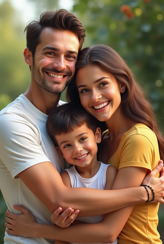 Happy family, dad and mom have fair skin, and their son has tanned skin.

