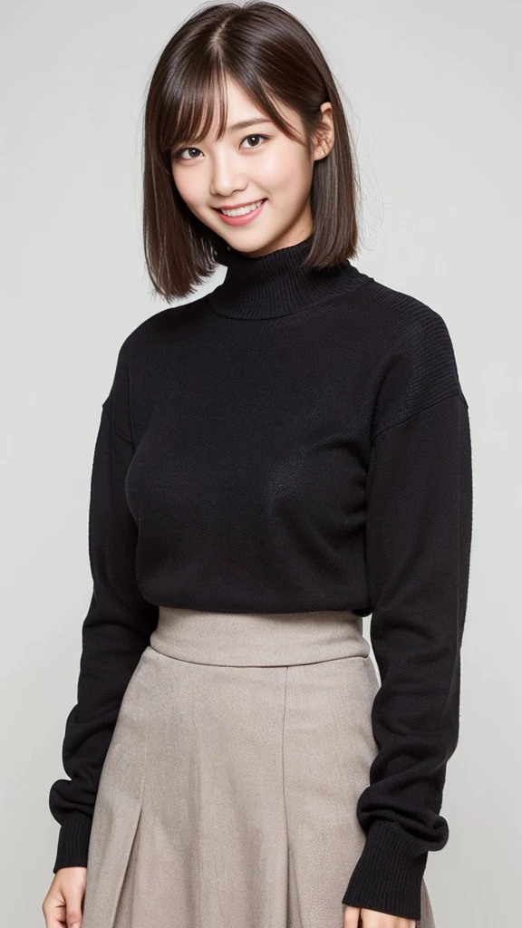 (Highest quality:1.5), (Real:1.4), (Ultra high definition:1.4), (No correction:1.4), (18 years old short Japanese girl with big breasts standing front plain background), (Short stature girl), (Asymmetrical bangs), (short hair), (Japanese school girl with long sleeve sweater and long skirt), (Long sleeve sweater), (Long skirt), (18 years old short girl with long sleeve sweater and long skirt is standing front plain background), (girl viewed from the front), (Plain background), (Cowboy Shot), (smile), (upright),