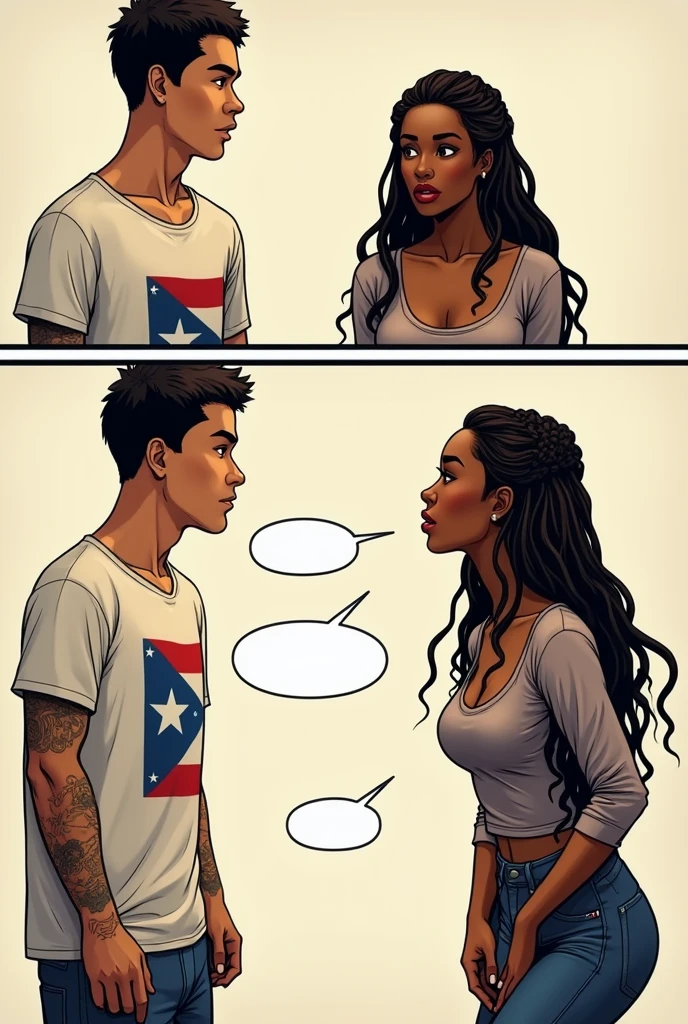 3 comics scenes first one really white young man with tattos puerto rico shirt behind a beatiful braided black women with long sleeve shirt asking a question laughing and a blank bubble chat for him second send she answering the question with mad face third scene he embarrassing y she walk away making funny of him and laughing all chatin bubble in blank