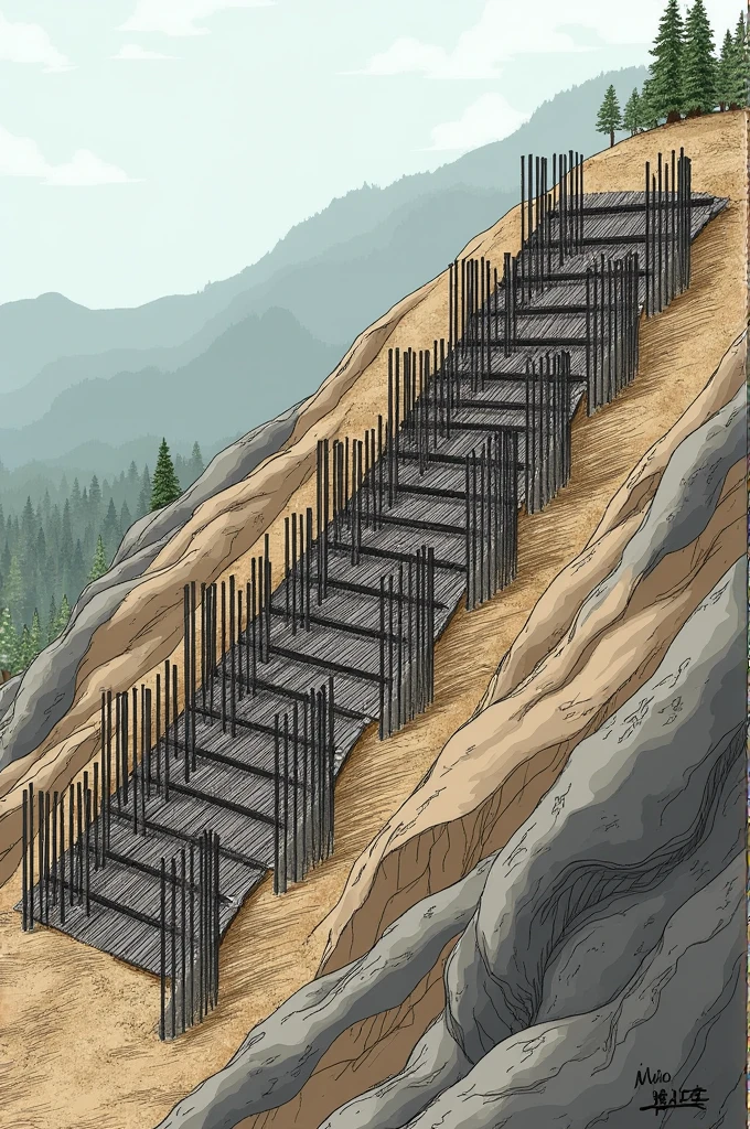 Je voudrais construire un dessin de aroi clouée d'un talus avec une pente de 70°. Ces clous sont inclinés selon une inclinaison de 10° avec un espacement vertical et horizontal de 2 m. 
