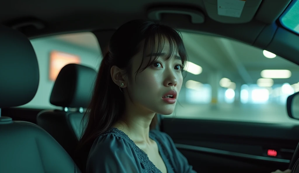 (A bautiful Korean woman sitting in a car, crying and talking with some one, looking up in panic: 1.0), apartment parking garage, realistic lighting, cinematic style, daylight,