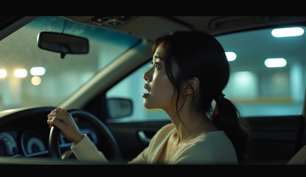 (A bautiful Korean woman sitting in a car, crying and talking with some one, looking up in panic: 1.0), apartment parking garage, realistic lighting, cinematic style, daylight,