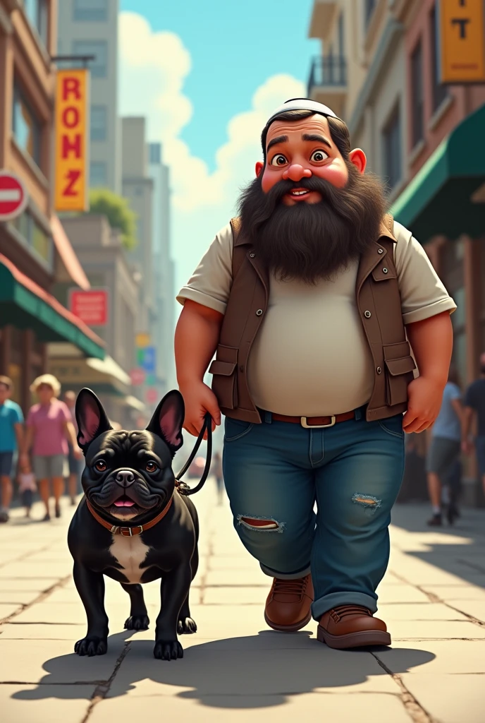 A black French bulldog female with her short and fat kippah-wearing owner with a beard walking