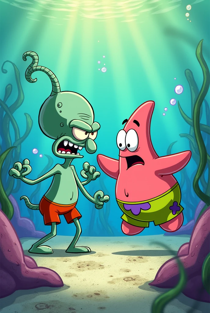 Squidward fighting with Patrick