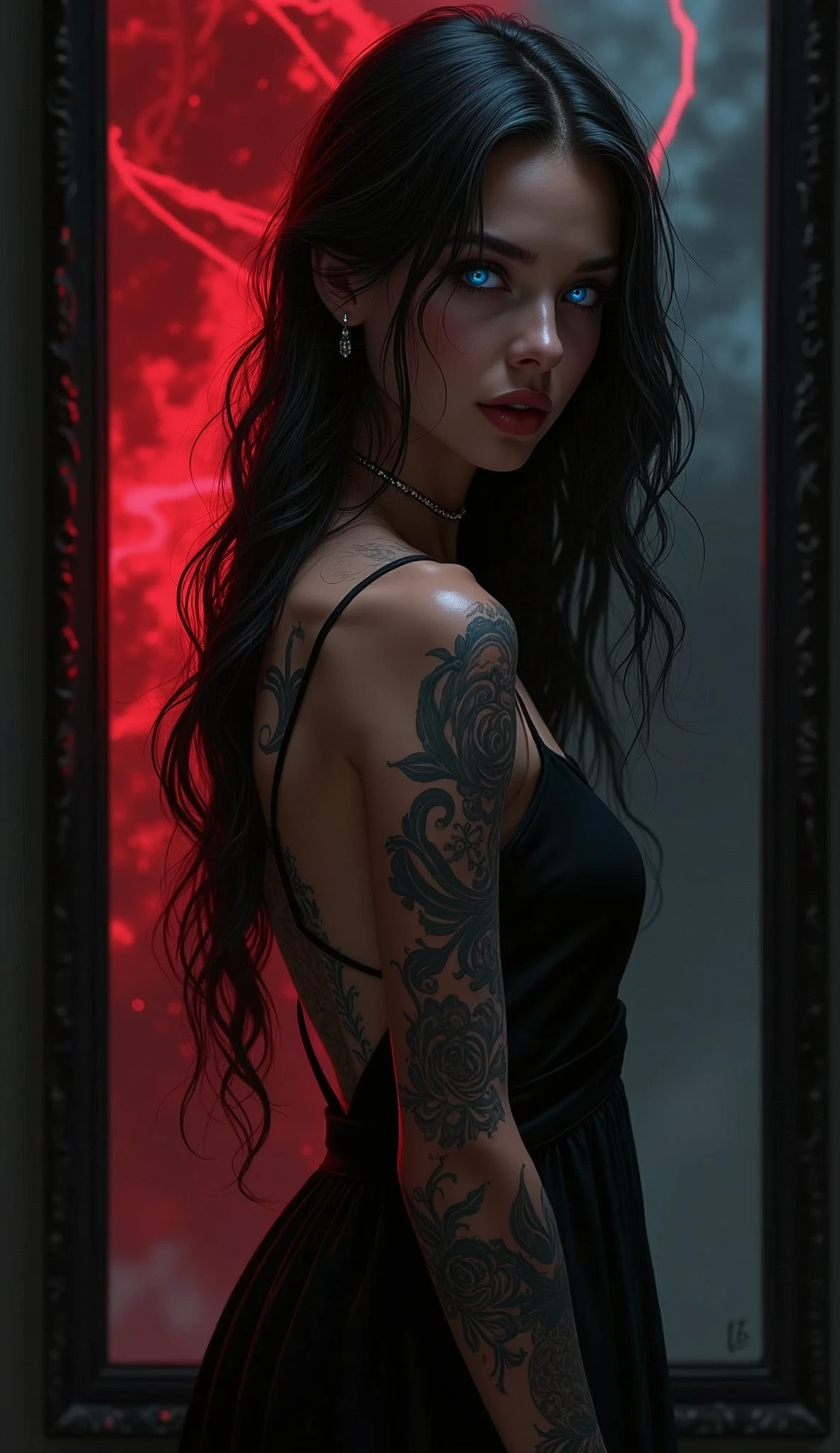 A beautiful American woman with long hair and tattoos on her back, stands in front of an elegant black mirror that reflects the red glow around it. She has glowing blue eyes and wears a sleeveless dress with a small tattoo on one arm. The background is dark and mysterious, enhancing the contrast between light and shadow. Digital art illustration.