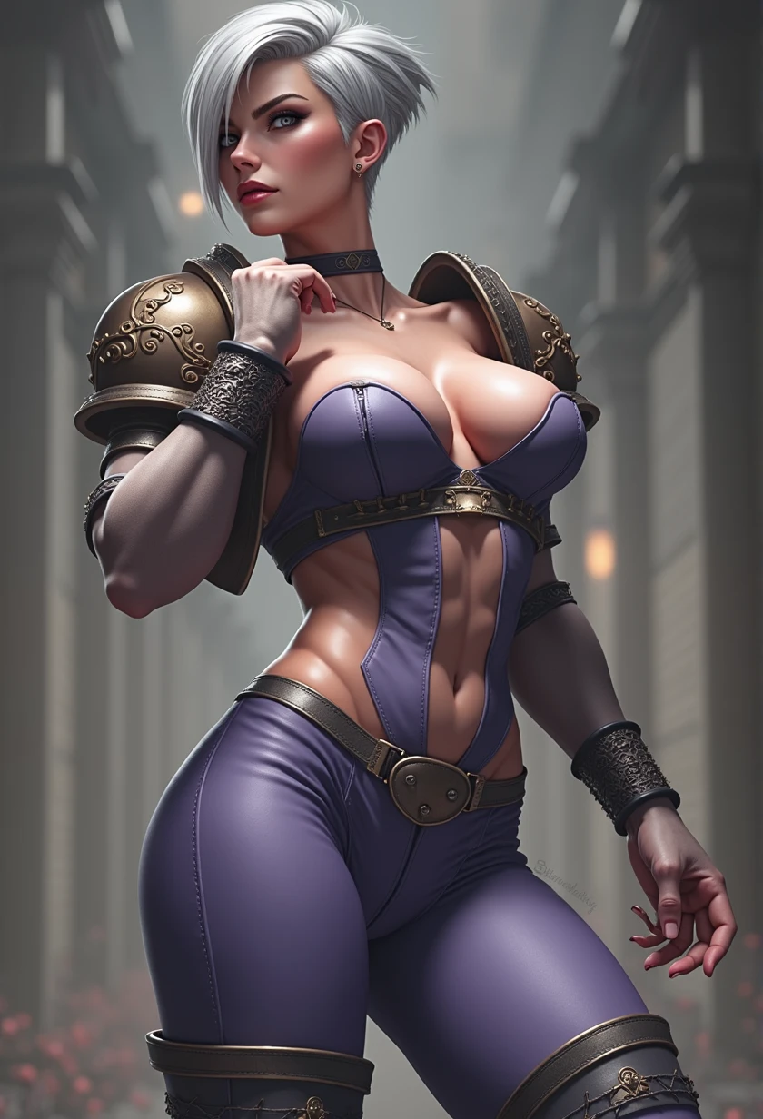 Ivy Valentine a beautiful woman with a muscular body wearing a skin-tight bodysuit, big breasted, 4k, 8k, high resolution, masterpiece, photorealistic, short silver hair, big biceps, big ass, wide curvy hips, chun-li outfit,