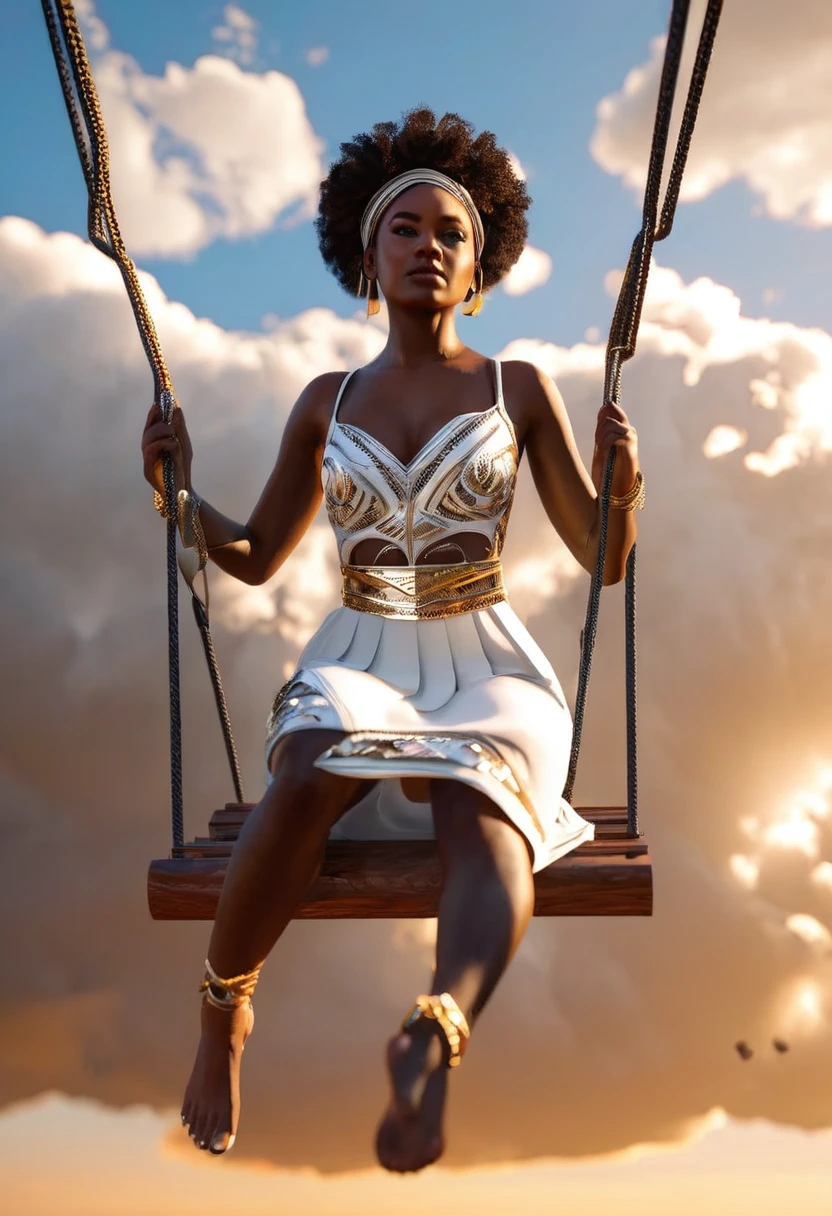 black girl dressed in white African designed clothes, swinging on swings attached to clouds in the bright sky, beautiful and vibrant light shining through the clouds providing a beautiful and vibrant cinematic scene, like shot from a 70mm lens panavision camera with ultra HD, hyper-realistic image rendered with unreal engine 5. Highly detailed 32k features. octane 3d rendering, V-Ray and quality masterpiece image.