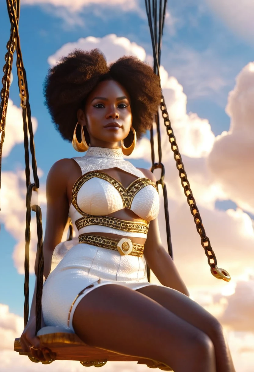 black girl dressed in white African designed clothes, swinging on swings attached to clouds in the bright sky, beautiful and vibrant light shining through the clouds providing a beautiful and vibrant cinematic scene, like shot from a 70mm lens panavision camera with ultra HD, hyper-realistic image rendered with unreal engine 5. Highly detailed 32k features. octane 3d rendering, V-Ray and quality masterpiece image.