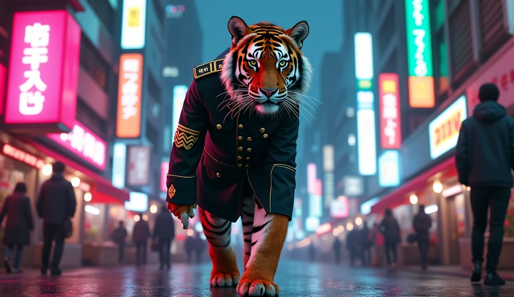 A stylish military tiger walks down a neon-lit street in Tokyo. 