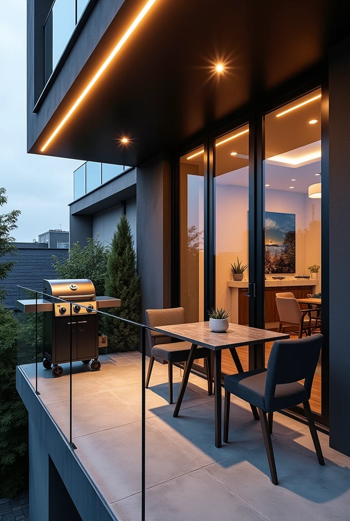 Balcony measuring 2 meters by 2 meters. With modern finishes and a grill in the corner, glass railings with stainless steel. black ceiling with led lighting, polished concrete floor