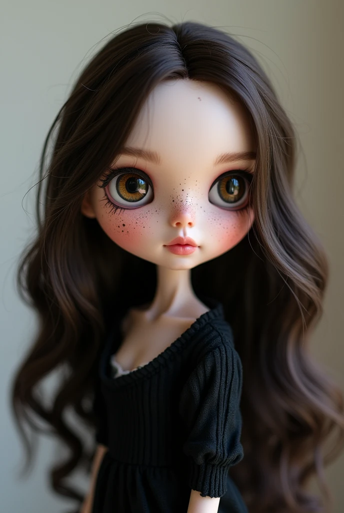 Blythe doll with long dark brown hair, dark brown eyes, white skin with many freckles and moles, pink lips and black clothing