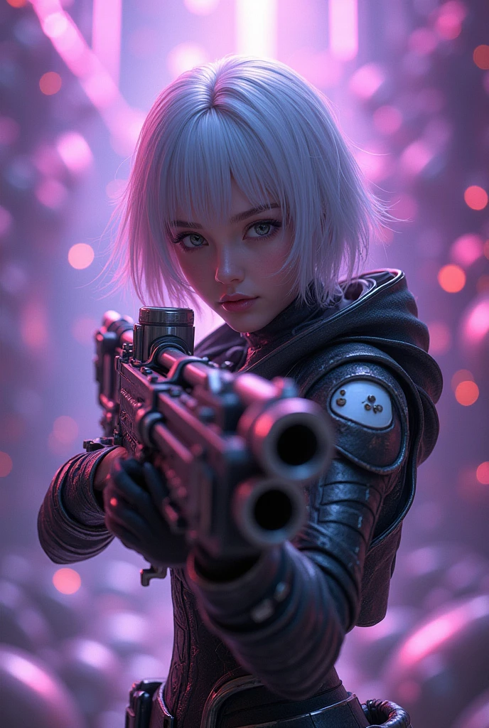 Super detailed Ultra fantasy Surreal 8k Gatling Gun 3d Soldier Mechanic Art steampunk Girl Dynamic pose Glossy and intricate design Cinema Lighting Glossy Purple technical Clear Eyes Silver Hair Dazzling Light